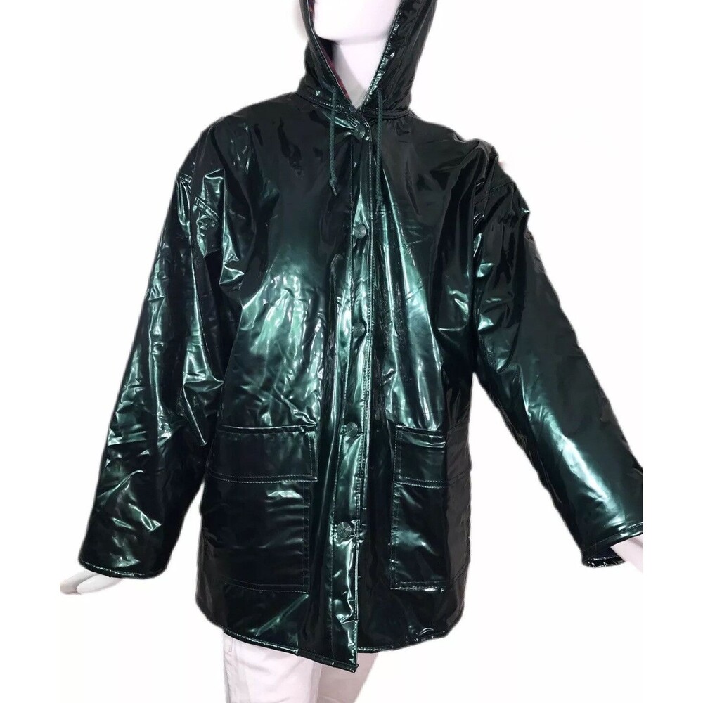 Vintage Wippette Medium (M) Green Hooded Shiny Rain Coat Flannel Lining